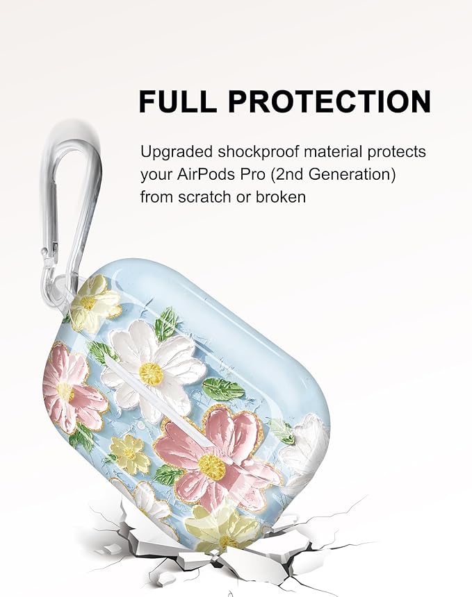 JIAXIUFEN Compatible with AirPods Pro 2 Gen/1 Gen Case Cover Retro Oil Painting Printed Flower Protective TPU Skin Accessories for Women Girl Blue Pink