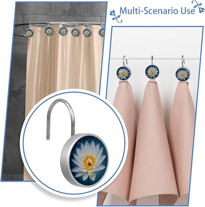 White Lotus Flower Floral Shower Curtain Hooks 12Pcs, Decorative Rust Resistant Shower Rings for Shower Curtain Rods, Stainless Steel Round Curtain Hooks for Bathroom, Bedroom, Farmhouse