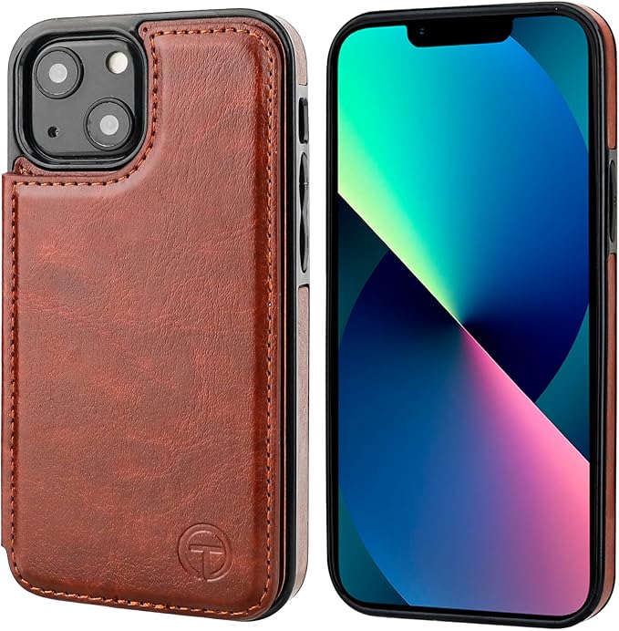 ONETOP Compatible with Magsafe for iPhone 13 Mini Wallet Case with Card Holder, PU Leather Kickstand RFID Blocking Case, Double Magnetic Clasp and Durable Shockproof Cover 5.4 Inch (Brown)