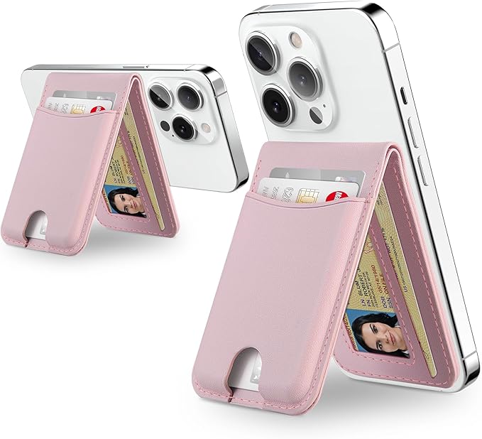 TopMade for MagSafe Wallet with Adjustable Stand, Strongest Magnetic Phone Card Holder for iPhone 17/16/15/14/13/12 Series, Leather RFID Blocking Wallet, ID Window, Fit 6 Cards, Pink