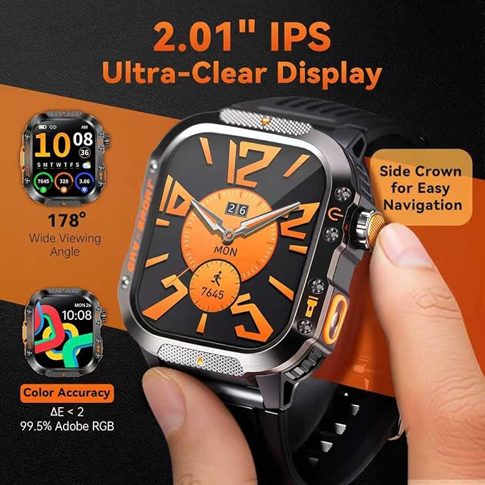 Military Smart Watches for Men, 1.7" Hd Fitness Tracker Ith Multiple Sports Modes, 600mah Battery for Android iOS, Ip68 Waterproof/Spo2 Monitor/Flashlight/Message Alerts (Square Black)