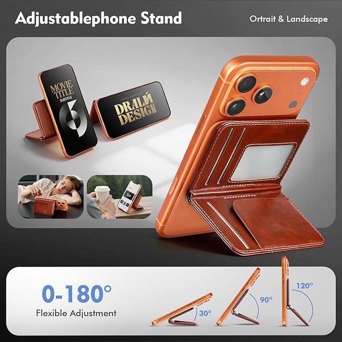 Antsturdy for Magsafe Wallet Stand with Holder,PU Leather RFID Blocking Card Holder,5 Card Slots,Strong Magnet Minimalist Flip Folio Kickstand for iPhone 17/16/15/14/13/12/Pro/Max/Plus/Air,Brown