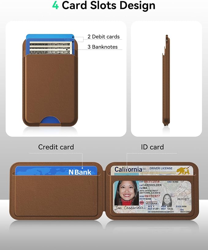 for MagSafe Wallet with Stand, 5 Card Holder, Slim Leather Magnetic Wallet for iPhone 17/16/15/14/13/12 Pro Max Plus Air Series, 3 Card Slots & 1 Cash Slot,Coffee