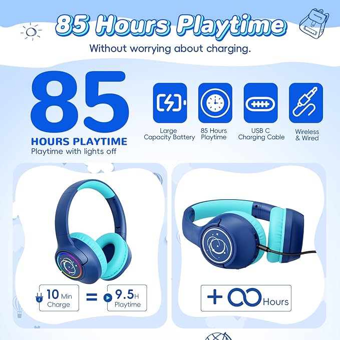 Kids Bluetooth Headphones, 85H Playtime Wireless Headphones for Kids, Colorful LED Lights, 85/94dB Safe Volume Limit, Bluetooth 5.4 Built-in Mic Toddler Headset for Tablet/Airplane (Navy Blue)