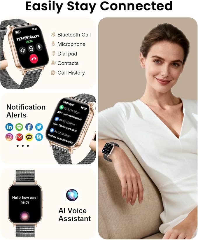 Smart Watch for Women, 1.83" HD Touch Screen Smartwatch, 1000mAh Battery, Bluetooth Calling, Heart Rate, SpO2, Sleep Monitor, 120+ Sports, IP68 Waterproof, 2 Bands Compatible iPhone Android, BlackGold