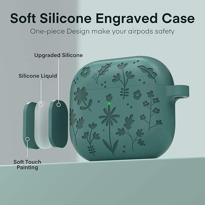 Maxjoy for AirPods 4 Case, Engraved Silicone Cute AirPod 4 Case for Women Men Protective iPod 4 Cover with Keychain Cleaning Kit for AirPod 4th Generation Cover 2024, Pine Green