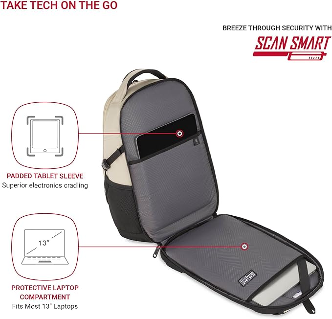 SwissGear 1900 Mini ScanSmart 16-Inch Backpack, Fits Up to 13-Inch Laptop, RFID Protection & ScanSmart TSA-Friendly Compartment, Oatmeal