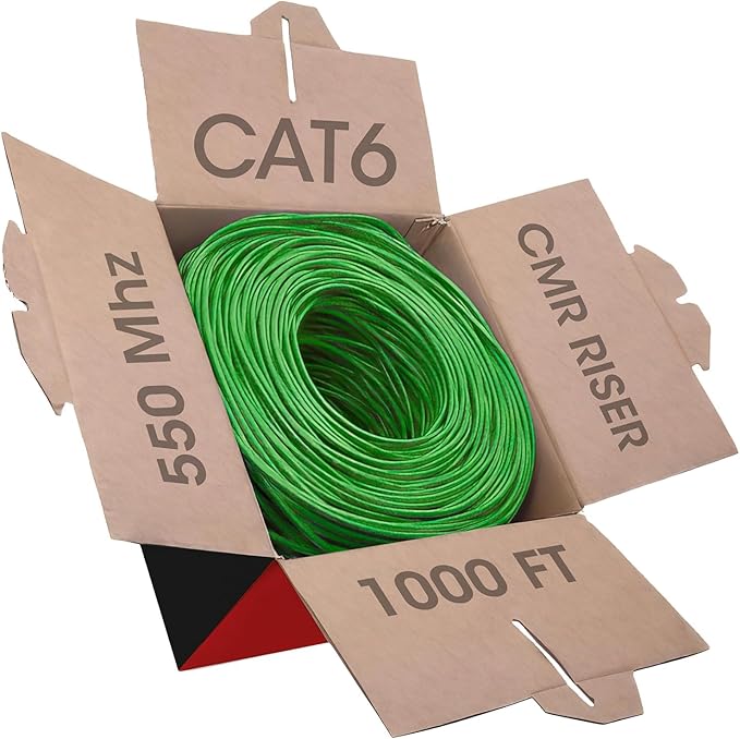 Big-A - Bulk Cat6 Cable 1000ft 23AWG Solid 4 Pair, Cat 6 Ethernet Cable Unshielded Twisted Pair (UTP), (CMR) 550MHz Internet Cable, Pull Box - Green