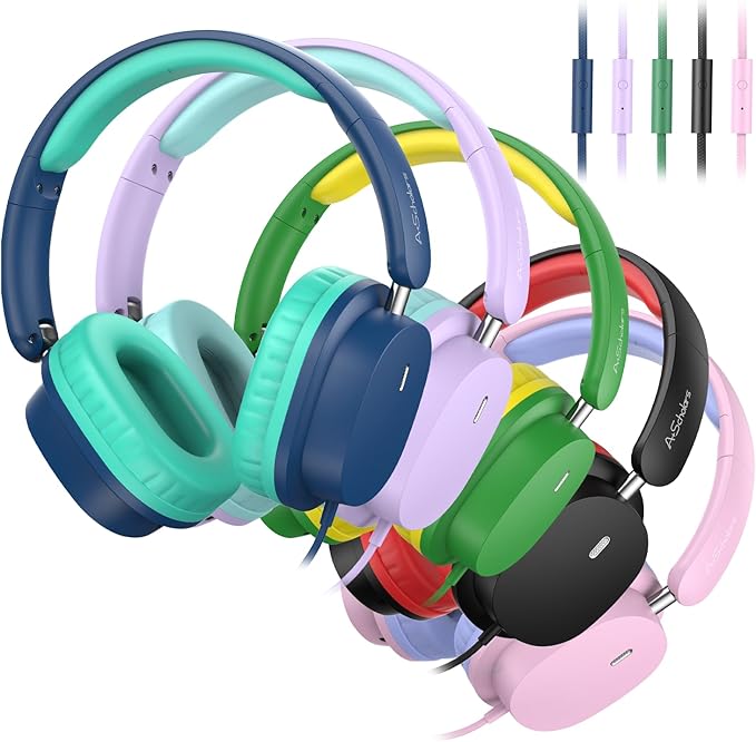 Kids Headphones Bulk 5 Pack for School, HD Mic Stereo Sound Over-Ear Headphones for Classroom, Comfortable Fit, Foldable, 3.5mm Jack Wired Headphones for kids ipad Tablets Computer Travel, Colorful