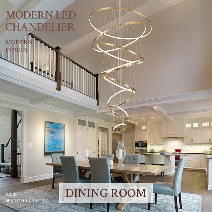 Modern LED Chandelier 8 Rings Dimmable Gold High Ceiling Chandelier Foyer, Large LED Contemporary Pendant Lighting for Staircase Entryway Living Room, D35’’ 3000K-6500K