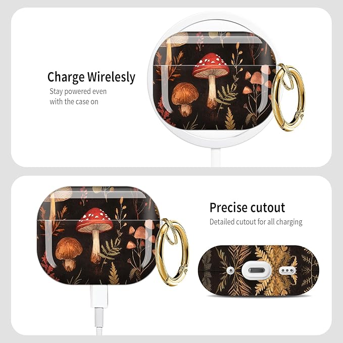 Cute Hard Case Compatible with AirPods Pro 3rd Generation Case (2025), Shockproof Protective Cover with Golden Keychain Ring Clip (Cute Mushroom)
