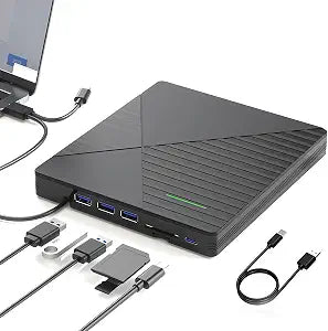 External CD DVD Drive for Laptop Mac with 3 USB Ports and 2 TF/SD Card Slots,USB 3.0 & USB-C CD DVD Optical Disc Reader Burner Player for MacBook Pro Air iMac Laptop PC Windows 11/10/8/7 Linux Mac OS - Image 1