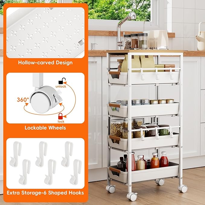 5-Tier Kitchen Storage Cart, Wood Top Rolling Cart Organizer with Pull-Out Baskets & Wheels, Metal Snack Cart with Holder for Fruit, Vegetable, Microwave, Kitchen, Pantry, White