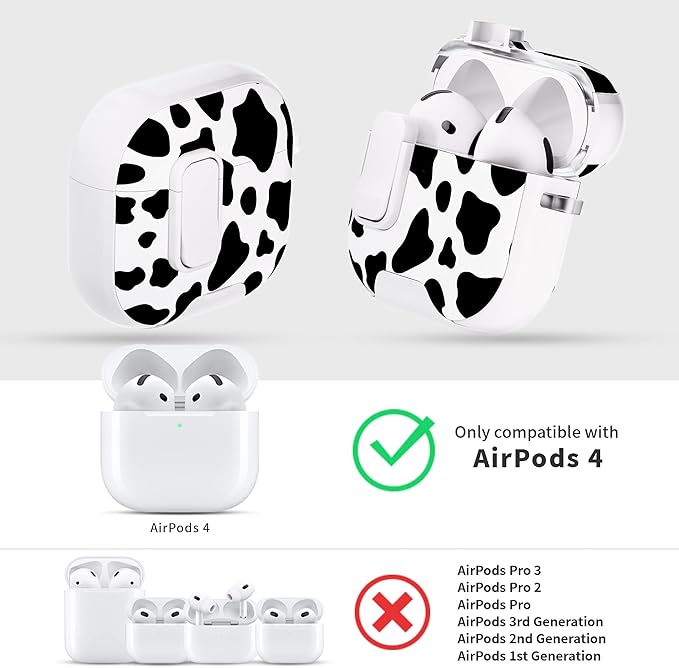 for AirPods 4 Case with Secure Lock Clip in Phone Stand,Floral Girly Style Protective Cover with Cleaning Kit and Hand Strap for Apple AirPod 4 Generation (White Cow)