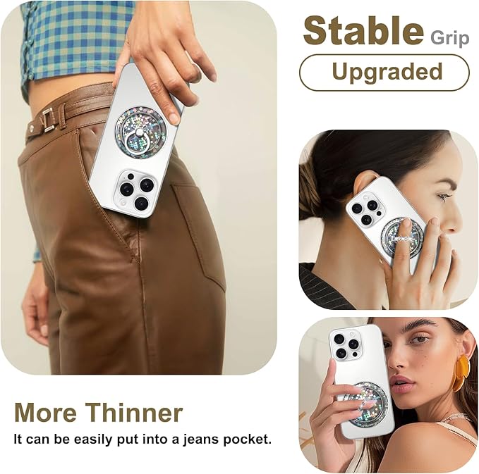 Transparent Magnetic Phone Grip Compatible with MagSafe Phone Ring Holder,360°Adjustable & Removable Silver Purple Dot Diamond Laser Design Magnet Stand for Phones and Tablets