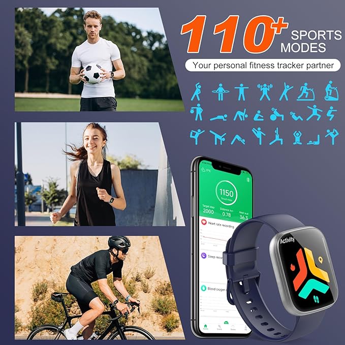 Smart Watches for Men Women, 1.95" HD Touchscreen Fitness Tracker with Bluetooth Calls, IP68 Waterproof, 120+ Sport Modes, 7-Day Battery, 24/7 Heart Rate & Sleep Monitor for Android iOS (Blue)