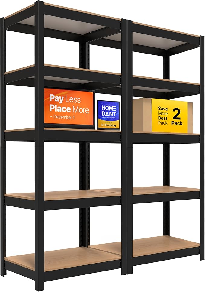 HOMEDANT House Black 5 Tier 24.4" W Laminated Metal Shelving Unit Adjustable Storage Utility Rack Heavy Duty Shelves Organization Multipurpose Shelf Kitchen Garage Pantry Closet 2 Pack