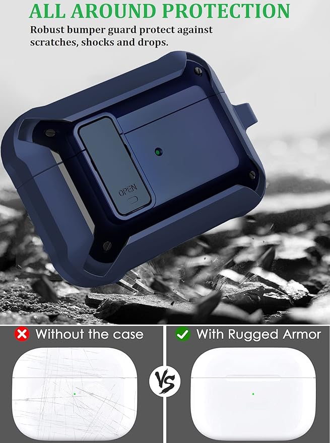 for Airpods Pro 2/1 Gen Case Cover with Lock (2019/2022/2023), Rugged Locking Case for Airpod Pro 2nd/1st Generation Shockproof Armor Protective Skin for Apple iPod Pro - Blue