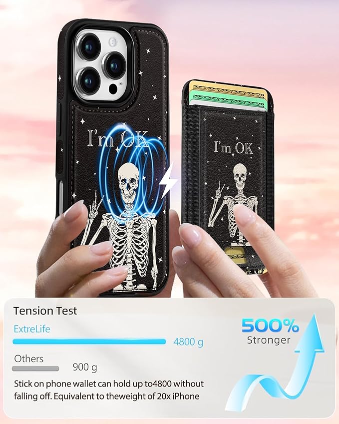 Shorogyt for iPhone 16 Pro Max Case Wallet - Fits 5 Cards, Compatible with Magsafe Magnetic Credit Card Holder Leather Cardholder Cute Phone Cover Women Girls for Apple 16 ProMax, OK Skeleton