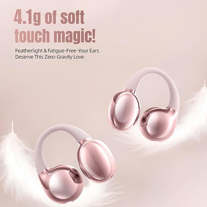 Open Ear Earbuds,Clip On Earbuds Wireless Bluetooth 6.0 with LCD Touchscreen, Lightweight Comfort Bone Conduction Headphones for Sports, Fitness, and Workouts, Rose Gold