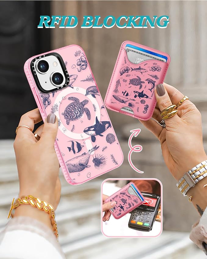 Toycamp for iPhone 15 Plus Case - Compatible with Magsafe Credit Card Holder Wallet Magnetic Cute Women Teen Girls Kawaii Girly Unique Sea Design Phone Cover for Apple 15 Plus 6.7"
