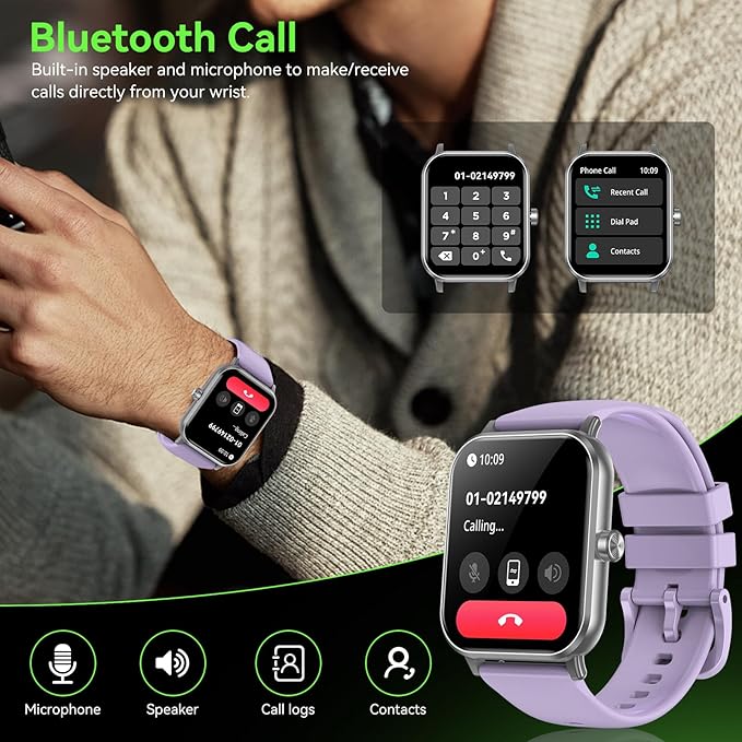 Smart Watch, 1.85" HD Fitness Tracker with Bluetooth Calls, 5 ATM Waterproof, 24/7 Heart Rate/Sleep Monitor, Pedometer, Calories, 130+ Sport Modes, Smartwatch for iOS Android (Purple)