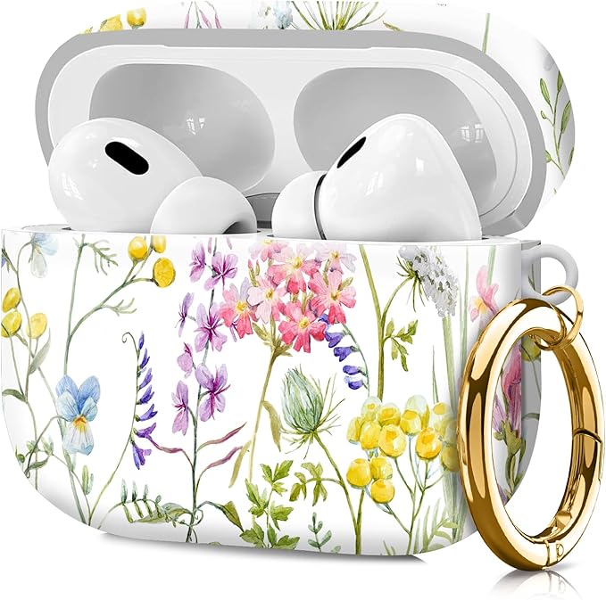 Compatible with Airpod pro 2nd/1st Generation Case Cover with Gold Round Keychain Cute Pattern Hard & Anti Slip Cover for Men Women & Girls（Nice Flowers）