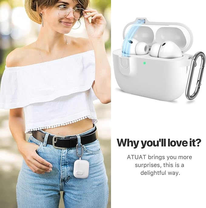 ATUAT for AirPods Pro 3 Case with Magnetic Lid Lock, Protective Soft Silicone Cover with Keychain Cleaner Kit for Women Men for Apple AirPods Pro 3rd Generation(2025), Front LED Visible, White