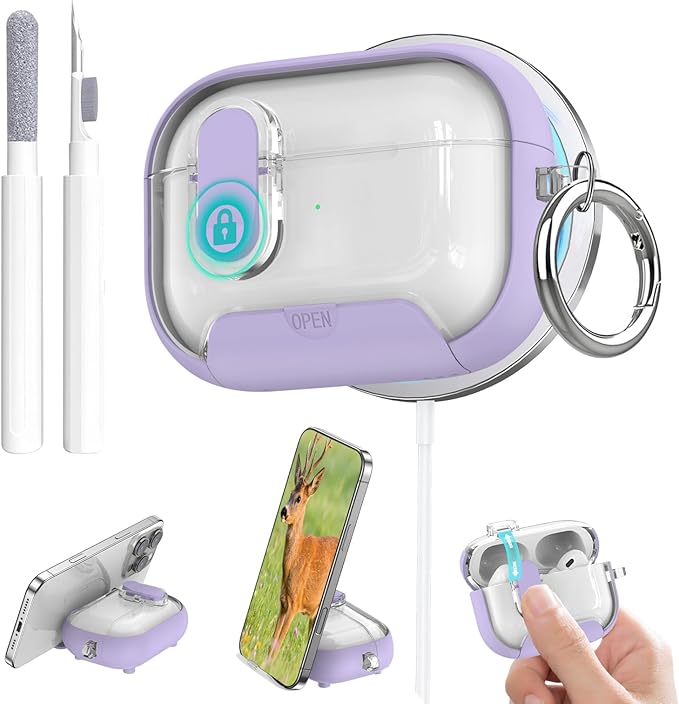 for Airpods Pro 3 Case Clear,Secure Lock for Airpods pro 3rd Generation Case Cover with Phone Stand and Magsafe Function,Auto Pop-up,Hybrid Protection with Carabiner&Cleaning Pen-Purple