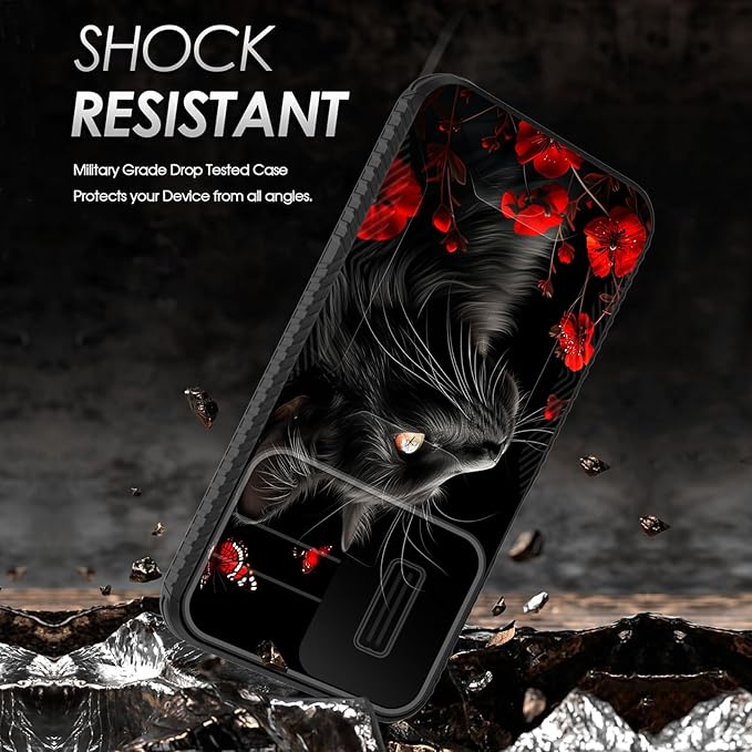 for Galaxy A15 5G Case Built in Slide Camera Lens Cover,Heavy Duty Shockproof Protection Dual Layer Case for Samsung Galaxy A15 5G 6.5 inch 2024,Black Cat Flowers and Butterflies