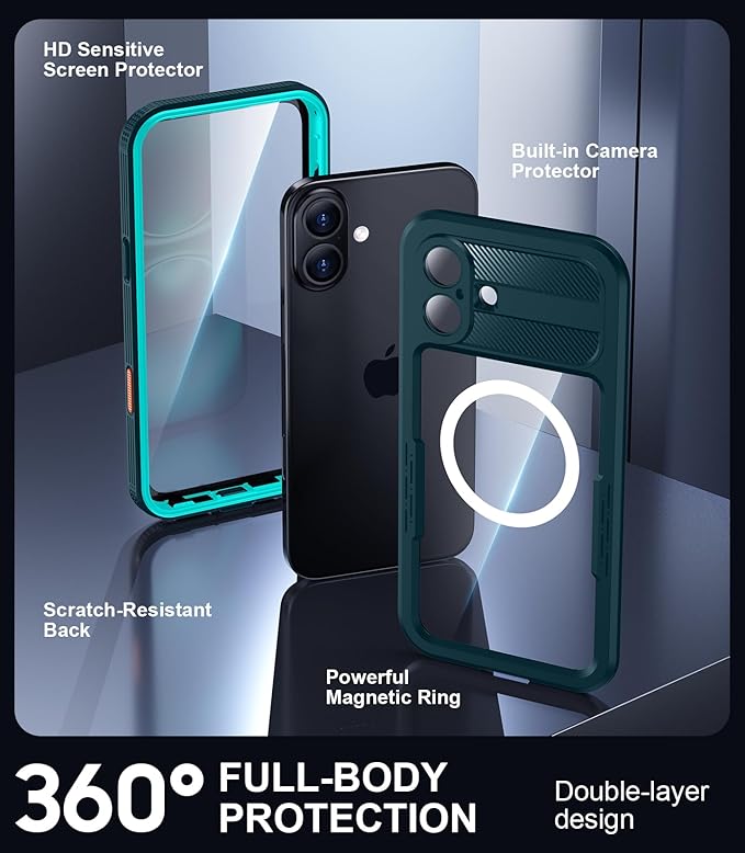 Red2Fire Magnetic for iPhone 16 Case Waterproof, [Built-in Screen Protector][Compatible with MagSafe] [Full Body Shockproof] [Dustproof] Heavy Duty Rugged Phone Cover 6.1" Blue