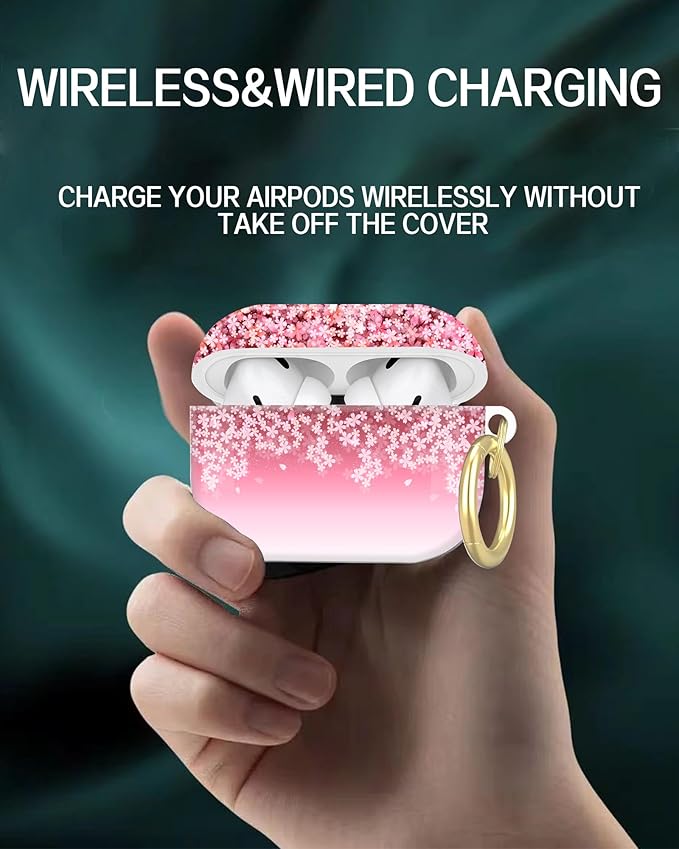 Compatible with AirPod Pro 2nd/1st Generation Case Cover with Key Chain,Full Protective Shockproof Wireless Headphone Case for Airpod Pro 2023/2022/2019(Cherry Blossom)