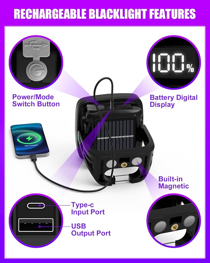 Rechargeable Black Light 4 Pack, 6000Amh Battery Powered Blacklight, 395nm Portable Cordless Ultraviolet Flood Light for Glow Party, Catfishing,Halloween,Body Painting