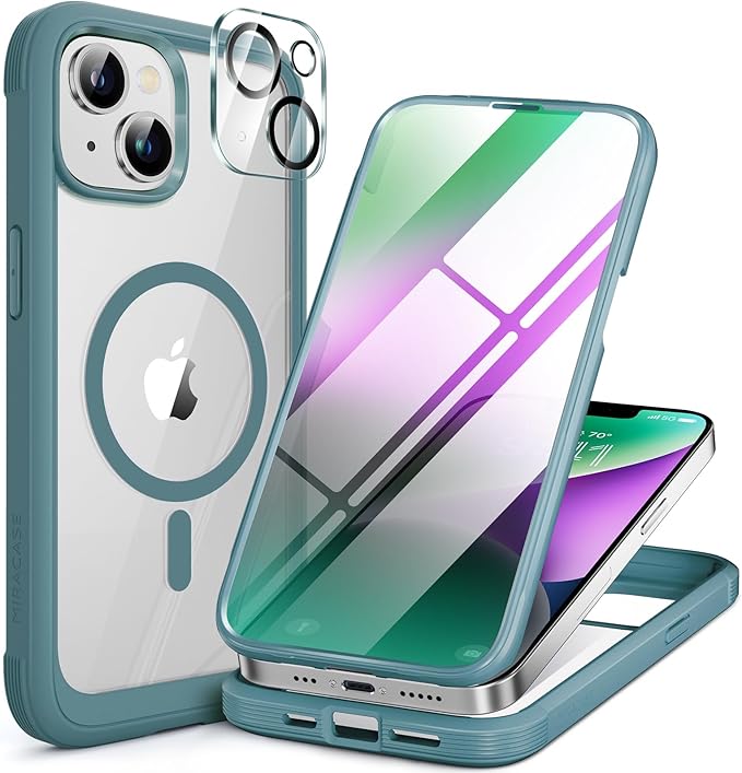 Miracase Magnetic for iPhone 14 Case 6.1'', [Bubble Free] Full-Body Bumper Phone case with Built-in Full Glass Screen &Lens Protector,No Gap,Compatible with MagSafe,Drop Proof 14 Cover,Green