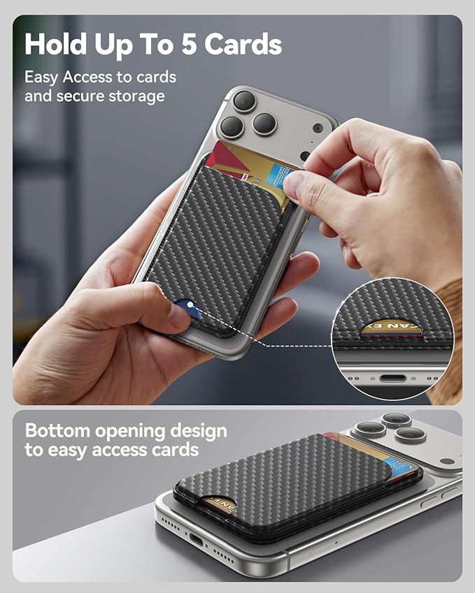 for MagSafe Wallet, 5 Cards Holder with Stand, Magnetic Phone Wallet Stand for iPhone 17/16/15/14/13/12 Pro Max Air Plus Series, RFID Blocking Vegan Leather,Carbon Fiber