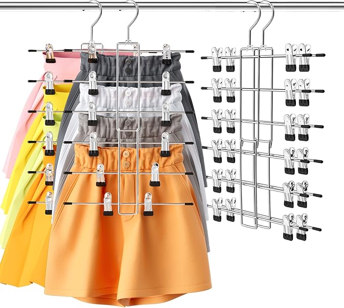 2Pack Pants & Skirt Hangers Space Saving Hanging Closet Organizer and Storage, Upgrade Skirt Hangers with Clips and 360° Swivel Hook -Closet Storage