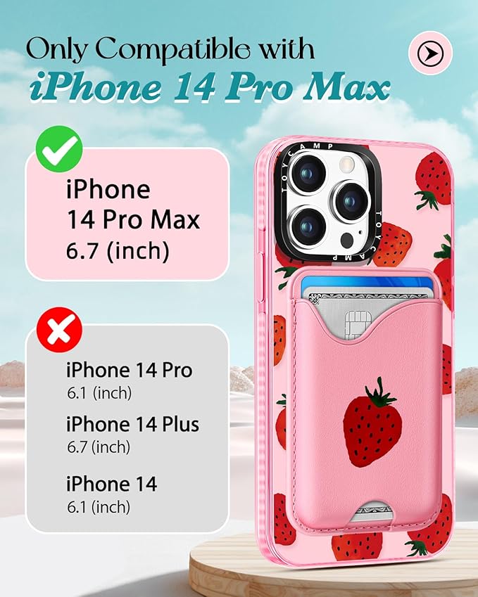 Toycamp for iPhone 14 Pro Max Case - Compatible with Magsafe Credit Card Holder Wallet Magnetic Cute Women Teen Girls Kawaii Girly Unique Strawberry Design Phone Cover for iPhone 14 Promax