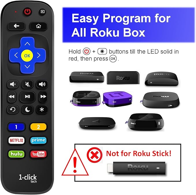 1-clicktech for Roku Remote 2-in-1 for Roku-TV and Roku Box, Compatible for TCL Hisense ONN Sanyo Sharp Hitachi Element Insignia LG Magnavox Roku TV, w/ 12 Opt. Channels [NOT for Stick]