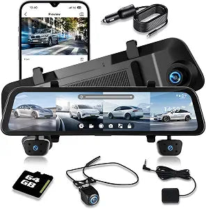 12'' Rearview Mirror Camera for Cars, NHOPEEW 360 Degree View 4 Channel Cam, 1080Px4 Rear View Mirror Cam, IR Night Vision for Left and Right Inside Car Camera, GPS, WiFi/APP Control + 64GB Card