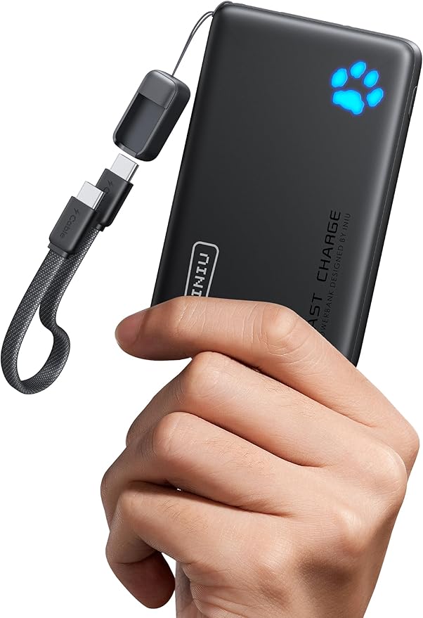 INIU Portable Charger, Ultra Slim 45W Fast Charging with Attached USB C Cable, Flight-Safe 10000mAh PD Power Bank Battery Pack, Travel Essential Phone Powerbank for iPhone 17 16 Samsung S25 Google etc