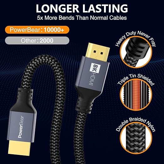 PowerBear 10K 8K HDMI 2.1 Cable 15 ft | 48Gbps High Speed 4K@120Hz Braided Cord 144Hz 8K@60Hz, eARC, Dynamic HDR 10,for Laptop, Monitor, PS5, PS4, Xbox One, Fire TV, Apple TV