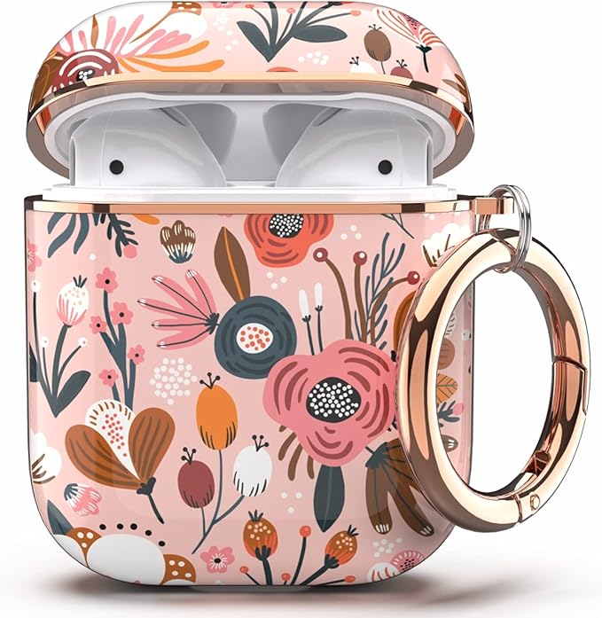 TATOFY Case Cover for AirPods 1&2, Elegant Cute Flower Patterns Protective Hard Case with Clip Keychain