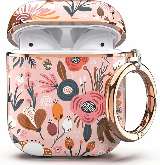 TATOFY Case Cover for AirPods 1&2, Elegant Cute Flower Patterns Protective Hard Case with Clip Keychain