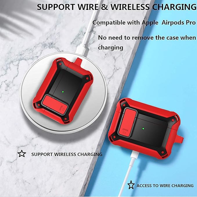 for Airpods Pro 2/1 Gen Case Cover with Lock (2019/2022/2023), Rugged Locking Case for Airpod Pro 2nd/1st Generation Shockproof Armor Protective Skin for Apple iPod Pro - Red/Black