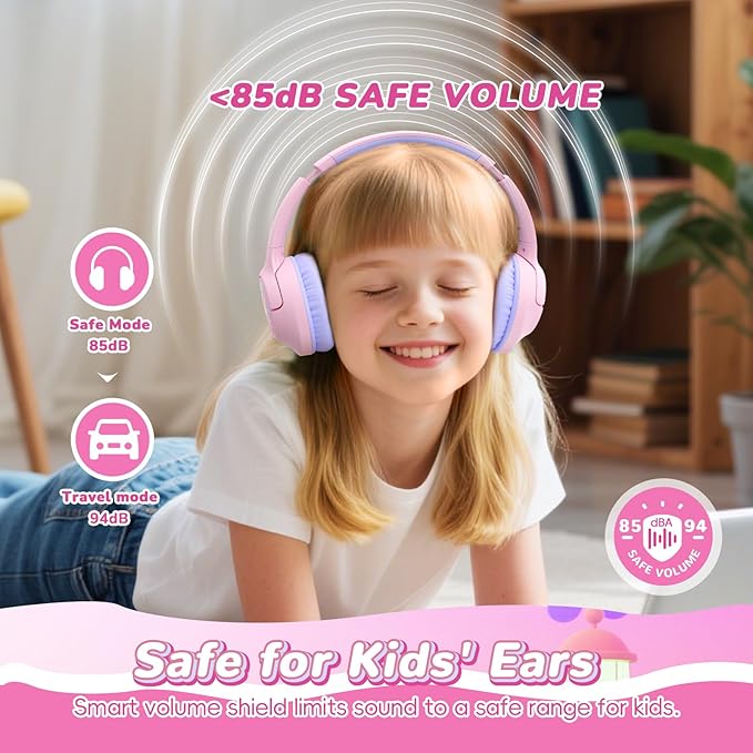Kids Bluetooth Headphones, 85H Playtime Wireless Headphones for Kids, Colorful LED Lights, 85/94dB Safe Volume Limit, Bluetooth 5.4 Built-in Mic Toddler Headset for Tablet/Airplane/Travel (Pink)