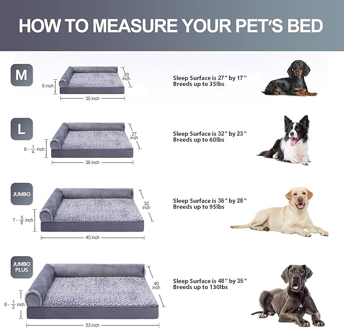 MIHIKK Orthopedic Dog Couch Bed Deluxe Plush L-Shaped with Waterproof Lining Bolster Dog Sleeping Sofa with Removable Washable Cover & Nonskid Bottom Pet Bed for Small Medium Large Jumbo Dogs, Gray