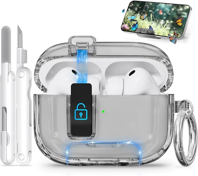 for AirPods Pro 3 Case 2025 with Phone Stand & Secure Lock, Auto-Open Clear Case Cover Compatible with Apple AirPods Pro 3rd Generation with Cleaning Kit & Keychain