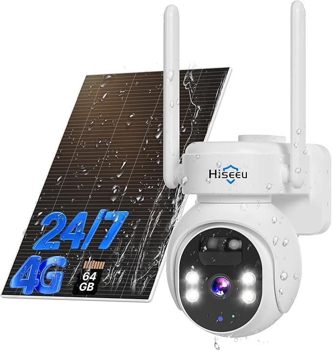 Hiseeu 4G LTE Cellular Security Camera Solar Powered, No WiFi Security Camera Wireless Outdoor, 24/7, PIR Motion, 2 Way Talk, 360° PTZ, 2K Color Night Vision, 64G SD & SIM Card Included