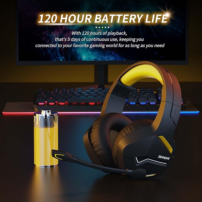 BINNUNE 2.4GHz Wireless Gaming Headset, Bluetooth 5.3 Gaming Headphones with Noise Canceling Mic, 120H Ultra-Long Battery, 50mm Drivers, Multi-Platform for PC / PS5 /PS4/ Switch/Mobile, Yellow