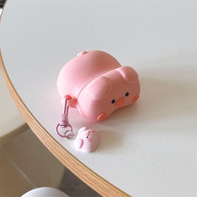 Case Compatible with Airpods 1 & 2, 3D Cute Kawaii Pig Design Earbuds Cover, Pink Lying Piggy Portable Accessories Soft Silicone Wireless Earphone Shockproof Protector with Pendant for Gifts